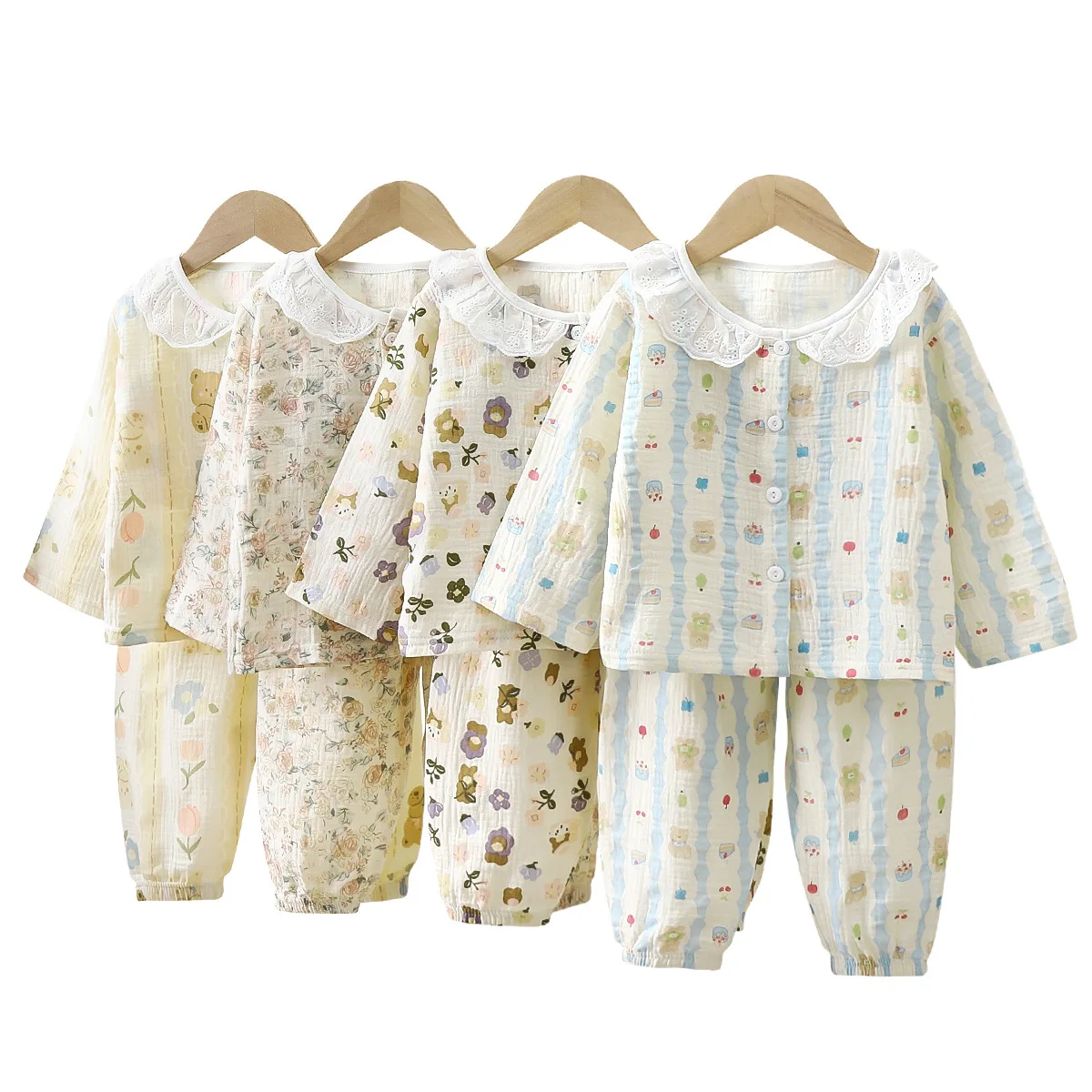 Pijama de gasa algodón para niñas – Manga larga floral con encaje - imagen 5