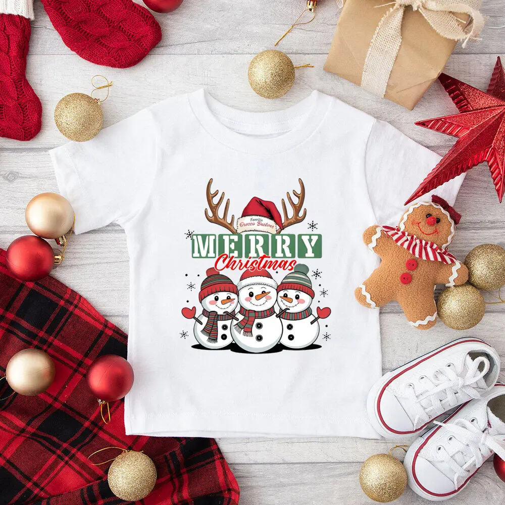 Feliz Navidad muñeco de nieve impreso niños camisa niños niñas traje de Navidad camiseta niño manga corta Camiseta niño Navidad vacaciones Tops - imagen 3