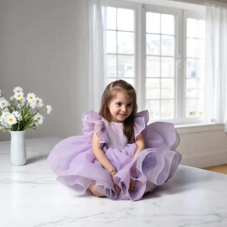 Vestido de niña de flores de tul con lentejuelas moradas hecho a mano, ropa de bebé, vestido para niñas recién nacidas - imagen 2