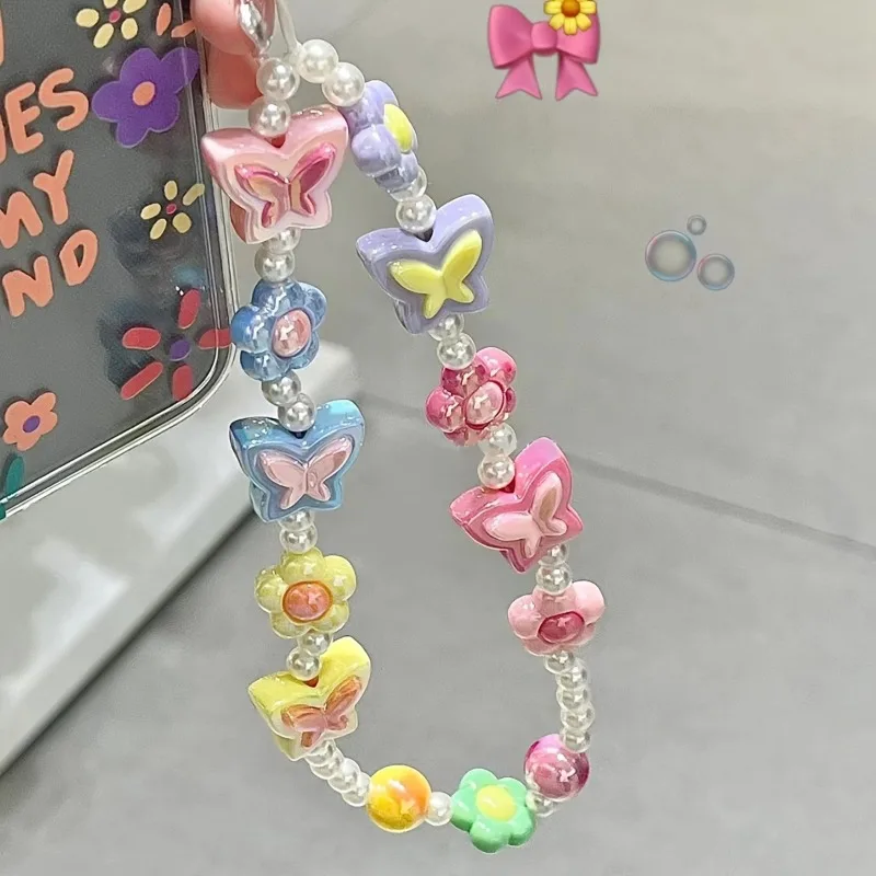 Llavero con colgante de teléfono con cuentas coloridas y mariposas y corazón coreano, accesorios para iPhone, cadena antipérdida, correa de joyería colgante - imagen 3