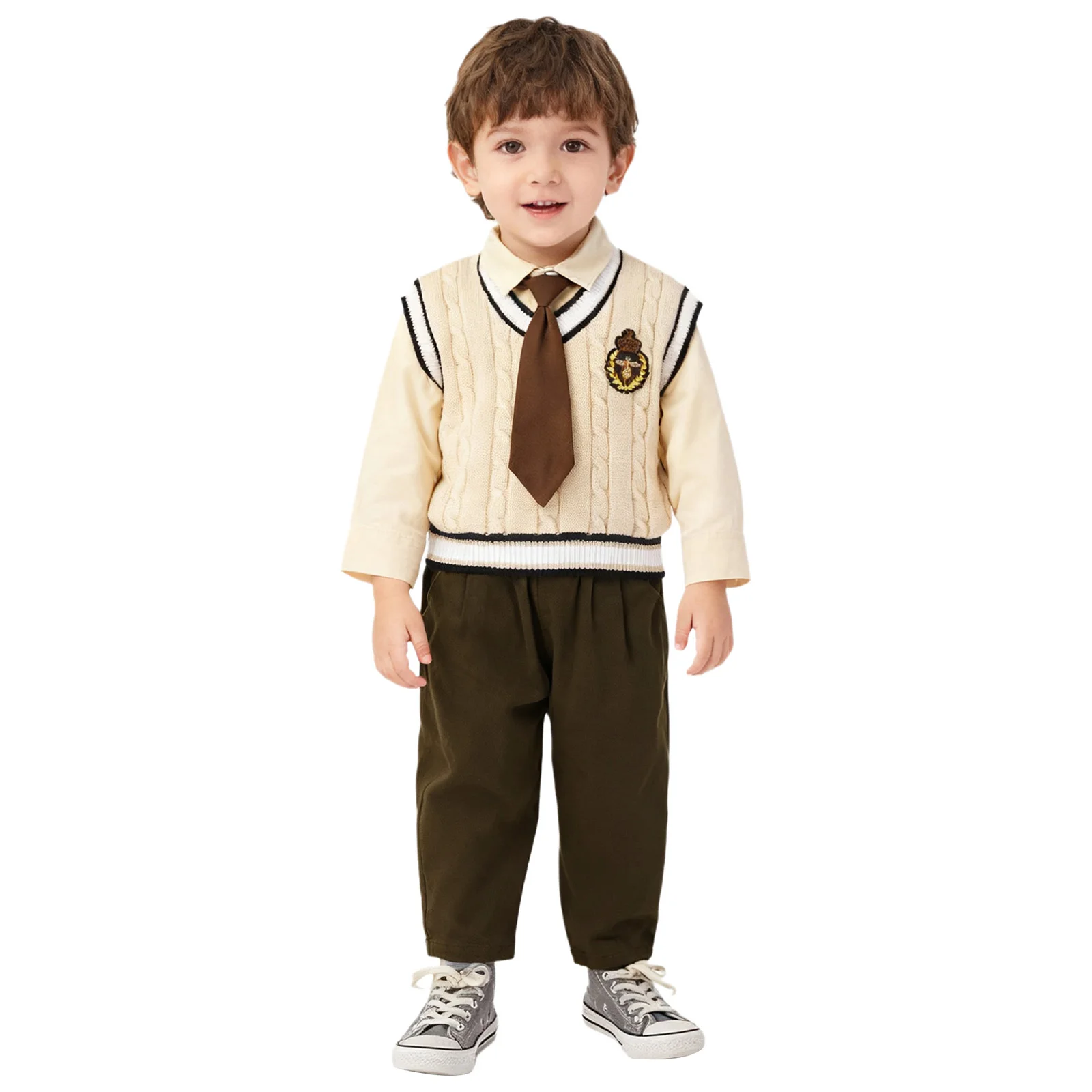Uniforme escolar preppy bebé con camisa corbata y chaleco punto cable - imagen 2