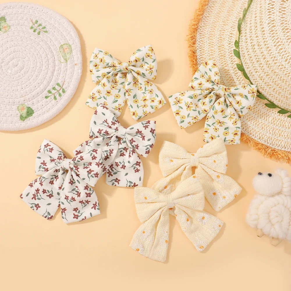 8 unids/set de pinzas para el cabello con lazo y estampado de flores dulces para niñas, horquillas con lazo de algodón, pasadores, accesorios para el cabello para niños - imagen 5