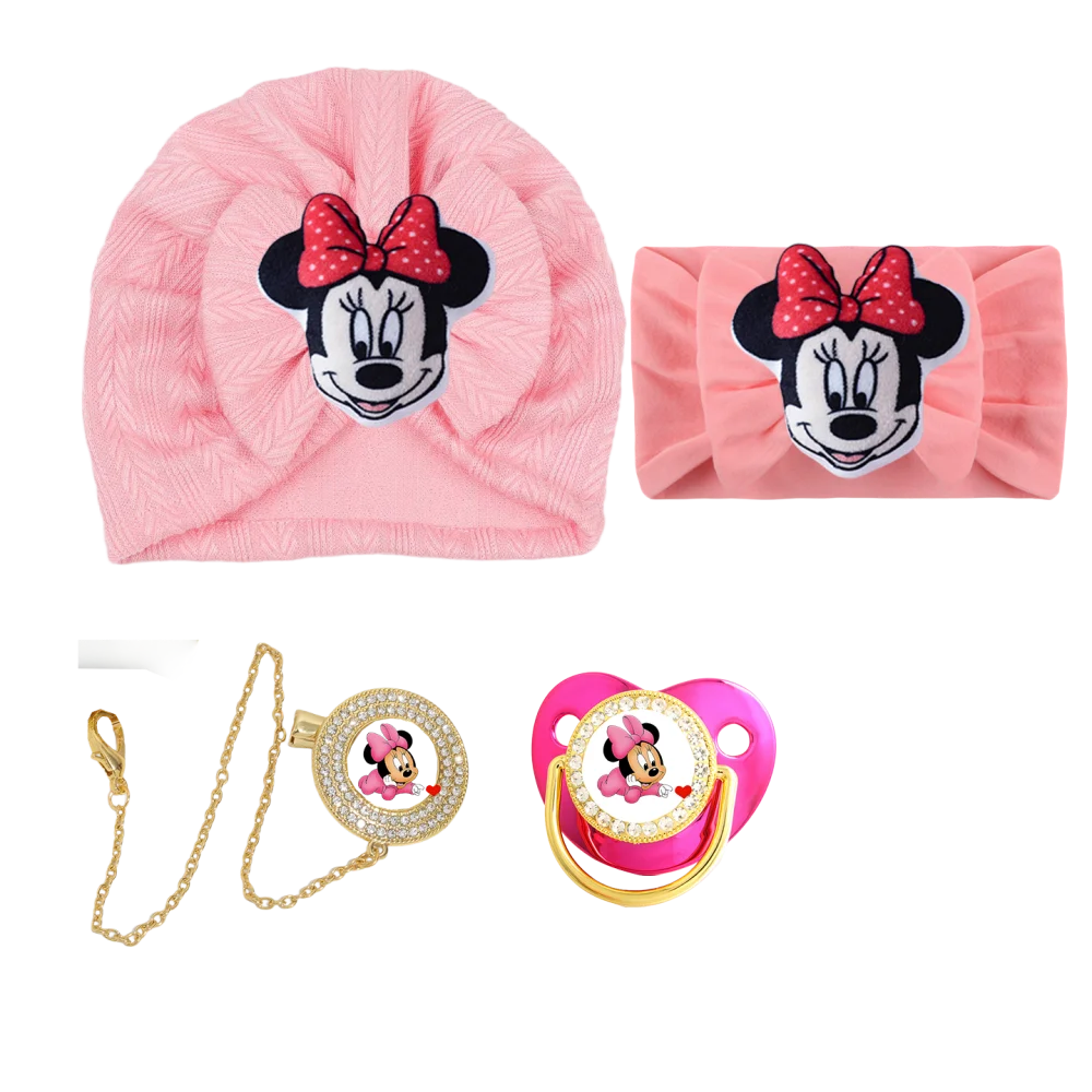 Chupete rosa para bebé + cadena + diadema, animación de dibujos animados, chupete de silicona para bebé, chupete ostentoso para bebé, juego de regalo para bebé sin BPA