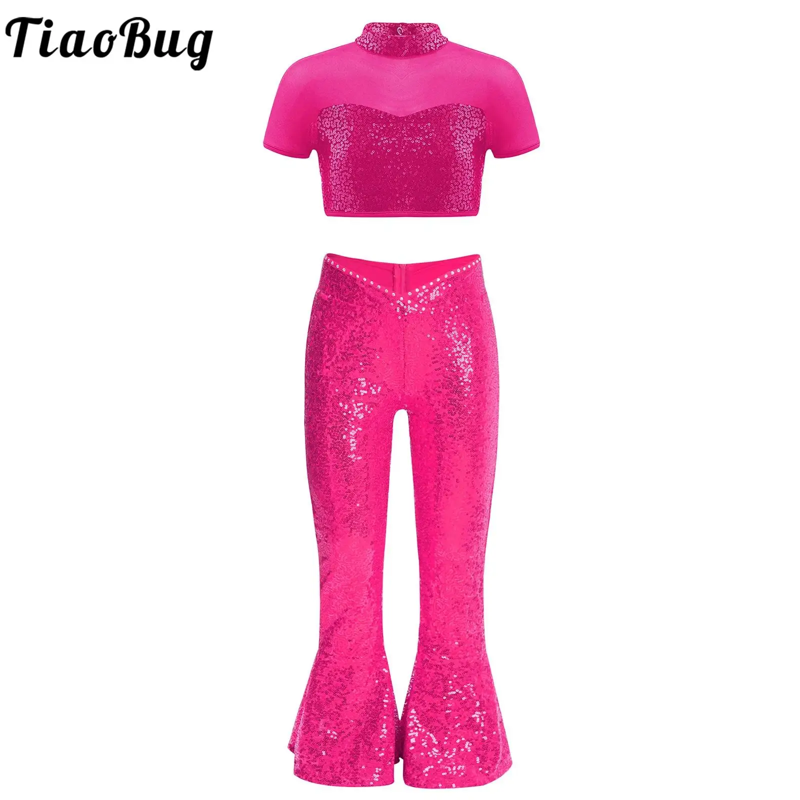 Traje de baile de jazz infantil con lentejuelas y pantalón acampanado - imagen 5