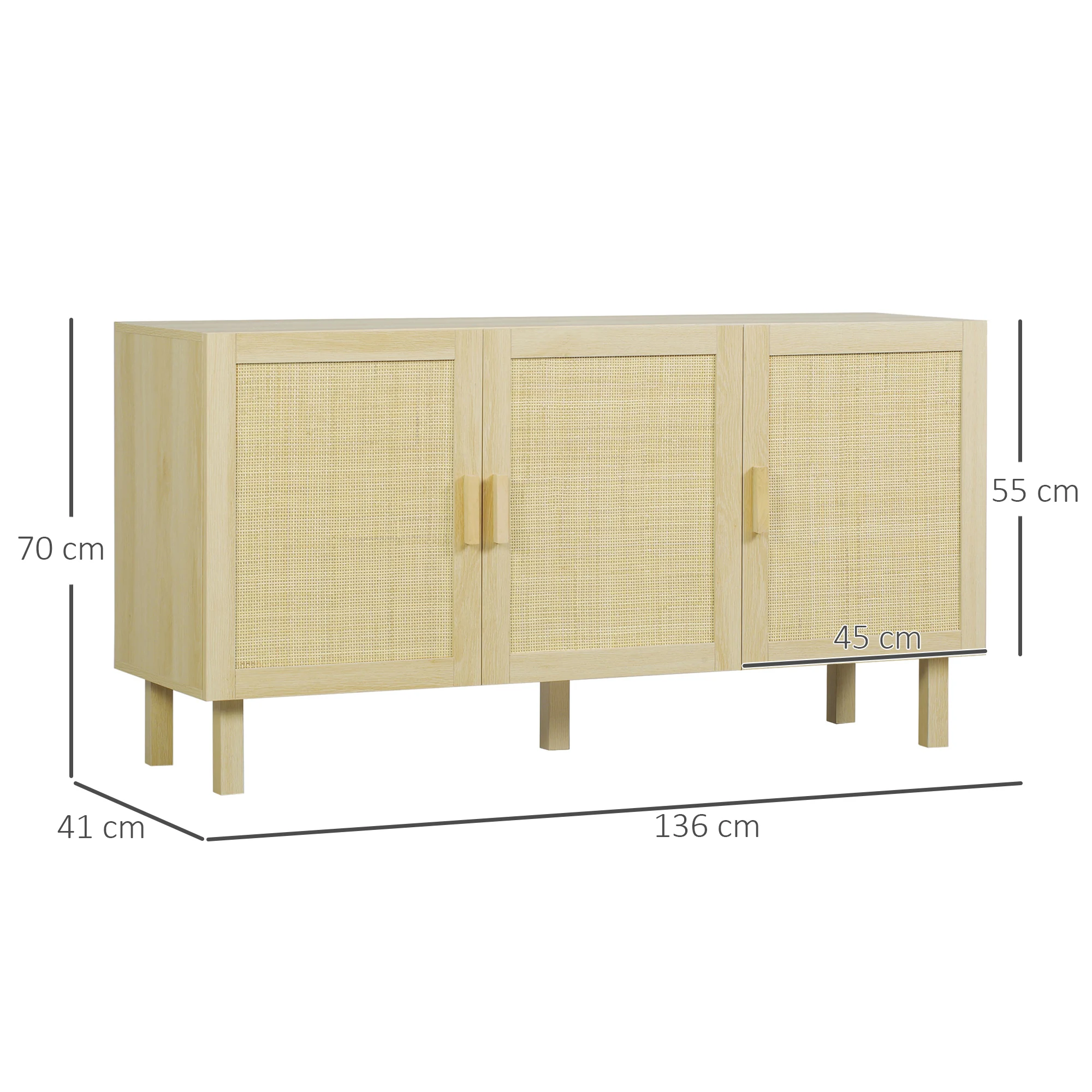 HOMCOM Aparador 3 Puertas de Rejilla de Ratán Aparador para Salón Nórdico con Estantes Ajustables para Comedor Entrada Dormitorio Natural 136x41x70 cm - imagen 3