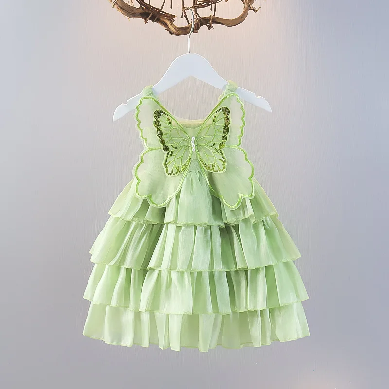 Vestidos de pastel de verano para niñas, vestido de princesa a la moda con mariposas en capas, falda tutú para niños, ropa con alas de satén, trajes, ropa de cumpleaños - imagen 3