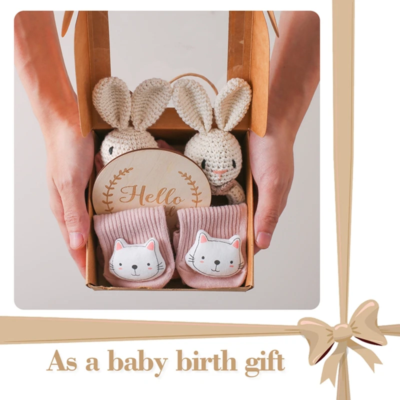 Pulsera de conejo de ganchillo de madera para bebé, sonajero, manta de algodón, Juego de cepillos de toalla, caja de regalo para Baby Shower - imagen 4