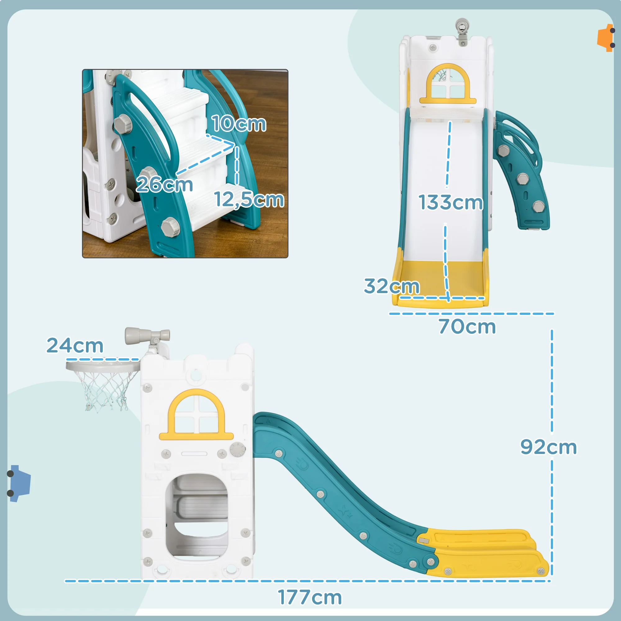 AIYAPLAY Tobogán Infantil 4 en 1, Tobogán para Niños de 1-3 Años con Aro de Baloncesto, Telescopio, Escalador y Cesta Inferior, para Interior y Exterior, Amarillo y Verde - imagen 3