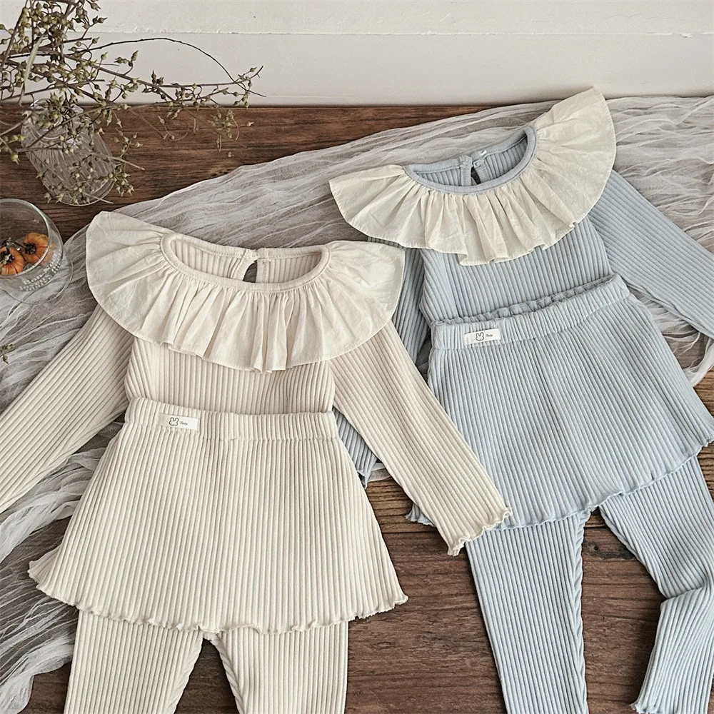 Traje informal de 2 uds para niñas, Top de manga larga con cuello de hoja de loto a rayas y falda, pantalones, ropa para niños de primavera y otoño - imagen 5