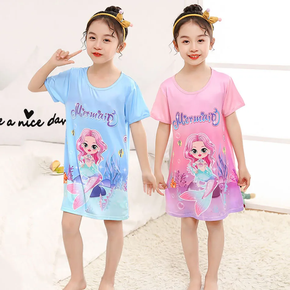 Vestido de sirena de manga corta para niña, camisón de seda suave con estampado de dibujos animados, transpirable, ropa de dormir para verano - imagen 2