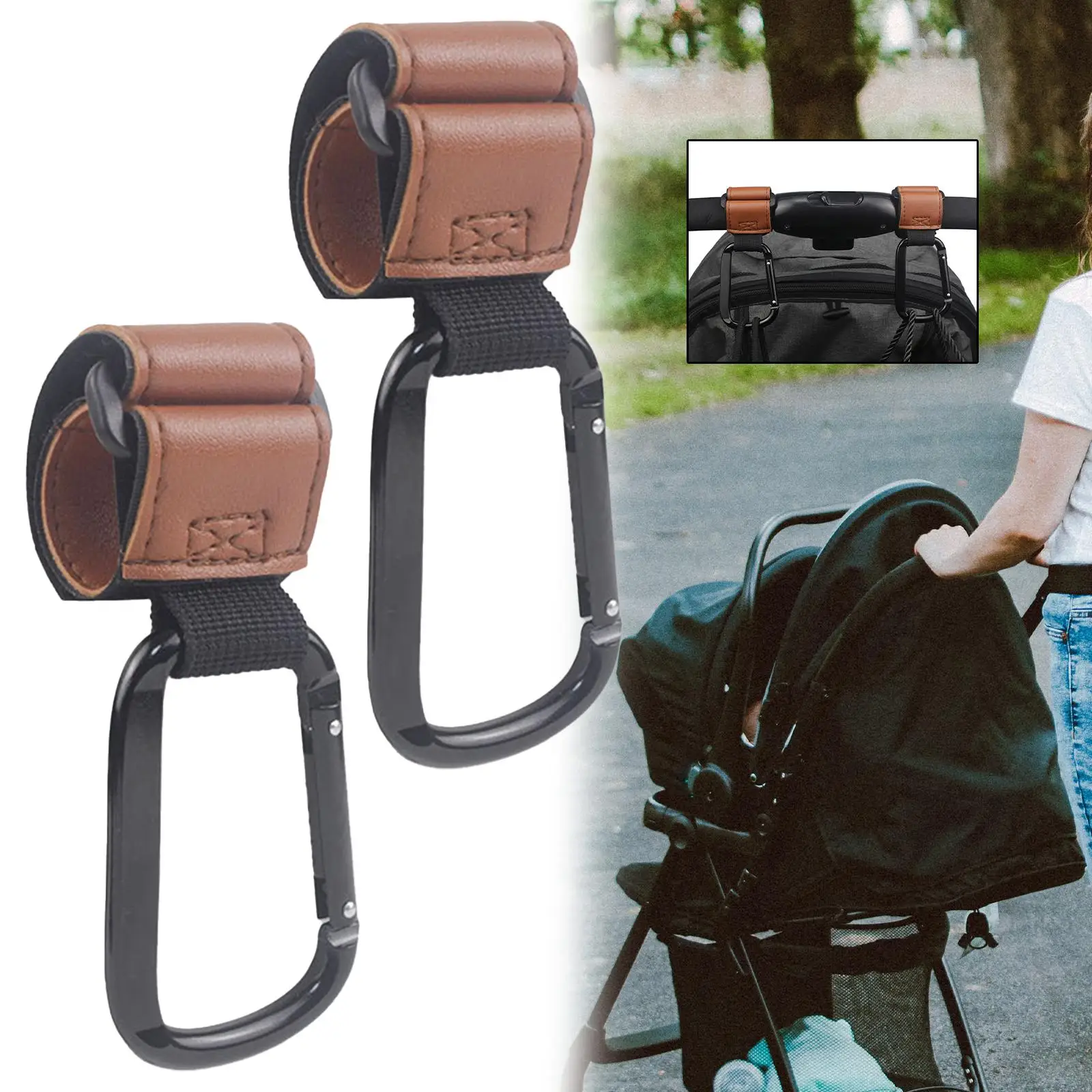 Ganchos universales de cuero PU para cochecito, Clips ajustables para colgar pañales, bolsas de compras para accesorios de cochecito infantil - imagen 3