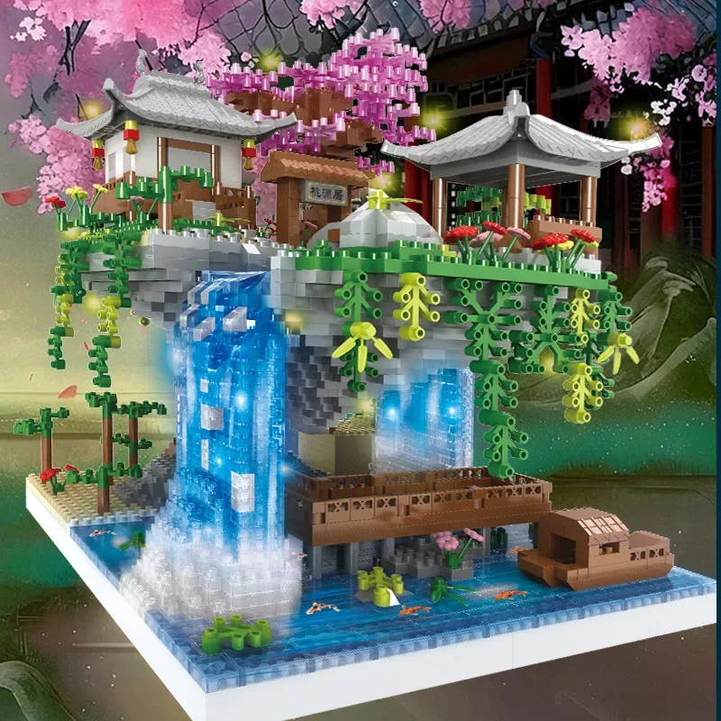 Bloques de construcción creativos para niños y adultos, juguete de ladrillos para armar estanque de flor de melocotón, Castillo de Sakura, casa del árbol, ideal para regalo