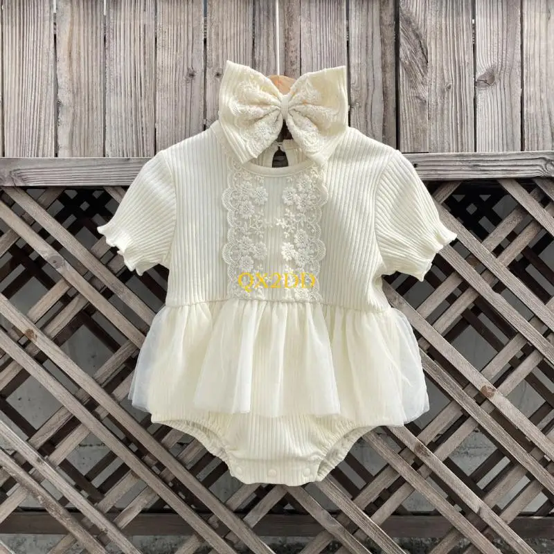 QX2D-ropa para fotografía niña, mono manga corta, disfraz para recién nacido, pelele pieza, diadema con lazo, traje - imagen 4