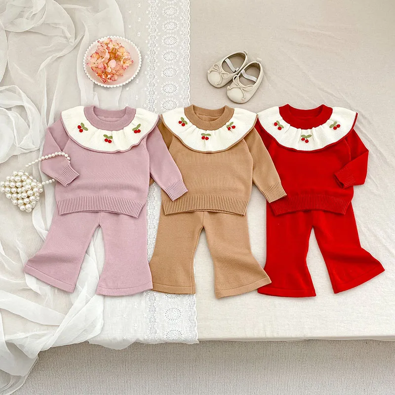 MILANCEL-Conjunto de suéter de otoño para bebé, Jersey de punto con cerezas bordadas de 3 a 24M y pantalones acampanados, traje infantil versión coreana