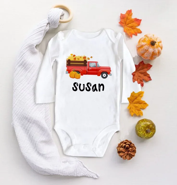 Body personalizado con forma de carro de calabaza para bebé, pelele para recién nacido con nombre personalizado, traje de Acción de Gracias para Halloween, ropa infantil para vacaciones - imagen 5