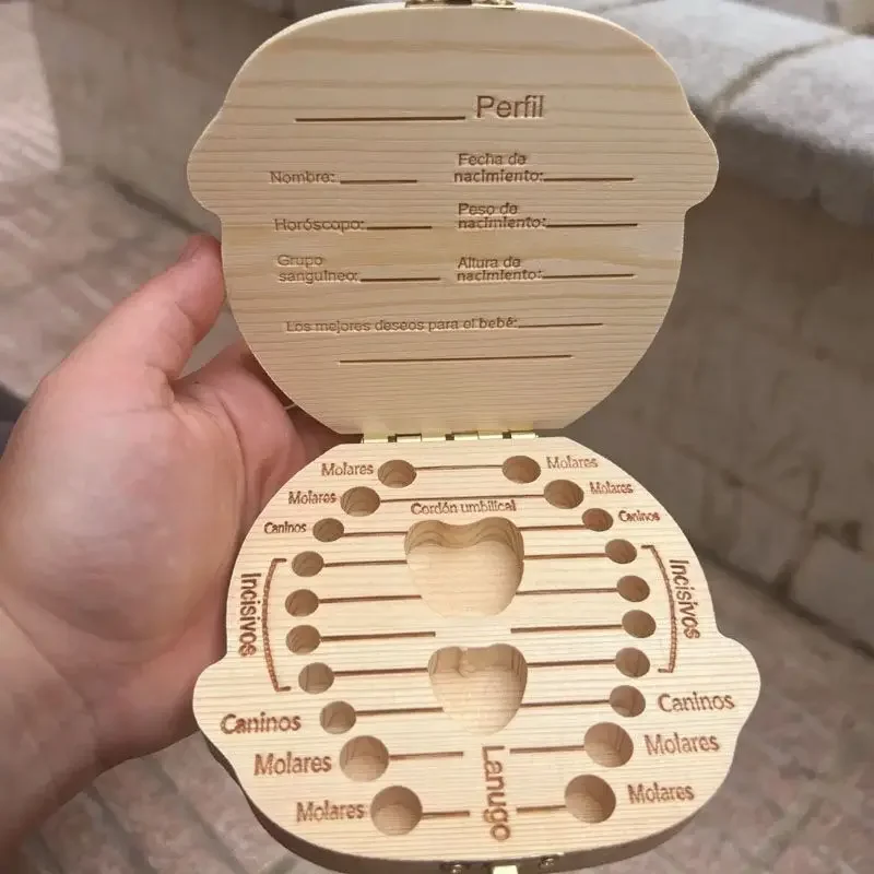 Caja organizadora de dientes de madera para bebé, inglés y español, almacenamiento de dientes de leche, recoger dientes, Umbilica, guardar regalos, 1 Uds.