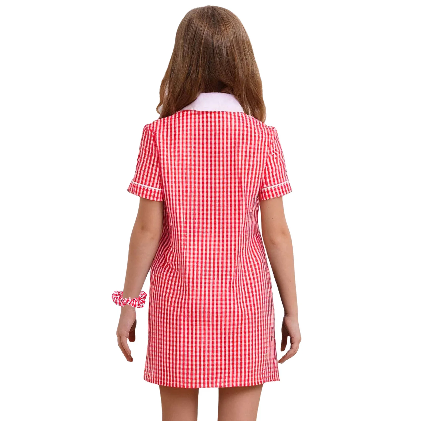 Vestido escolar a cuadros para niñas con diadema, cuello vuelto, manga corta, dobladillo plisado, vestido acampanado, uniforme escolar, uso diario - imagen 3