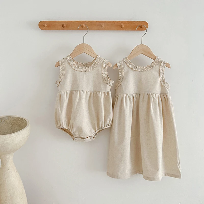 Milangel-vestidos de Hermanas para bebés, monos de verano para niñas, Body de cuello redondo sólido, traje para niños pequeños, 2024 - imagen 2