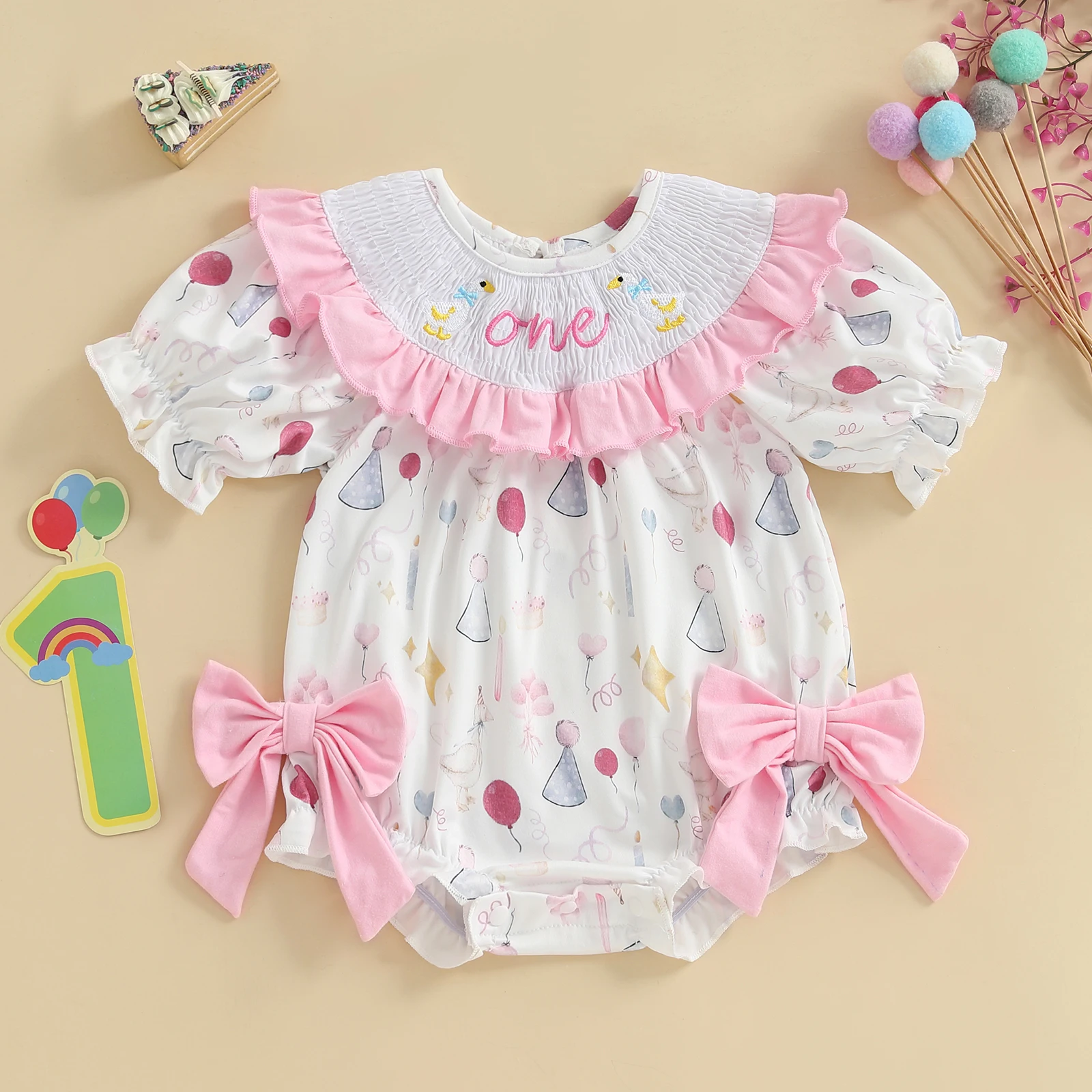 SUNSIOM Mameluco de primer cumpleaños para niña con letras y globos con volantes y manga corta, ropa bonita de verano