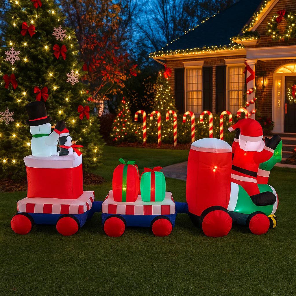 Decoración navideña al aire libre de 7,8 pies, tren de Papá Noel, decoración inflable para fiesta de Navidad, adornos de patio, luces, juguetes para el hogar, utilería - imagen 5