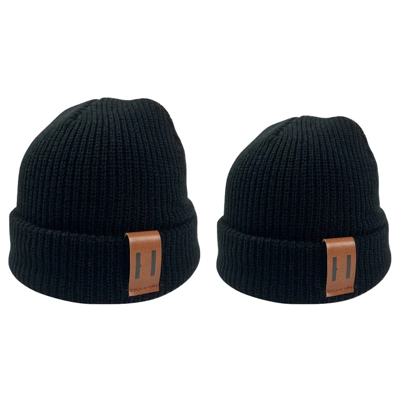 Gorro de punto para bebé de otoño e invierno, gorro para niños y niñas, gorros para padres e hijos, gorro cálido para bebé recién nacido con etiqueta de cuero - imagen 4