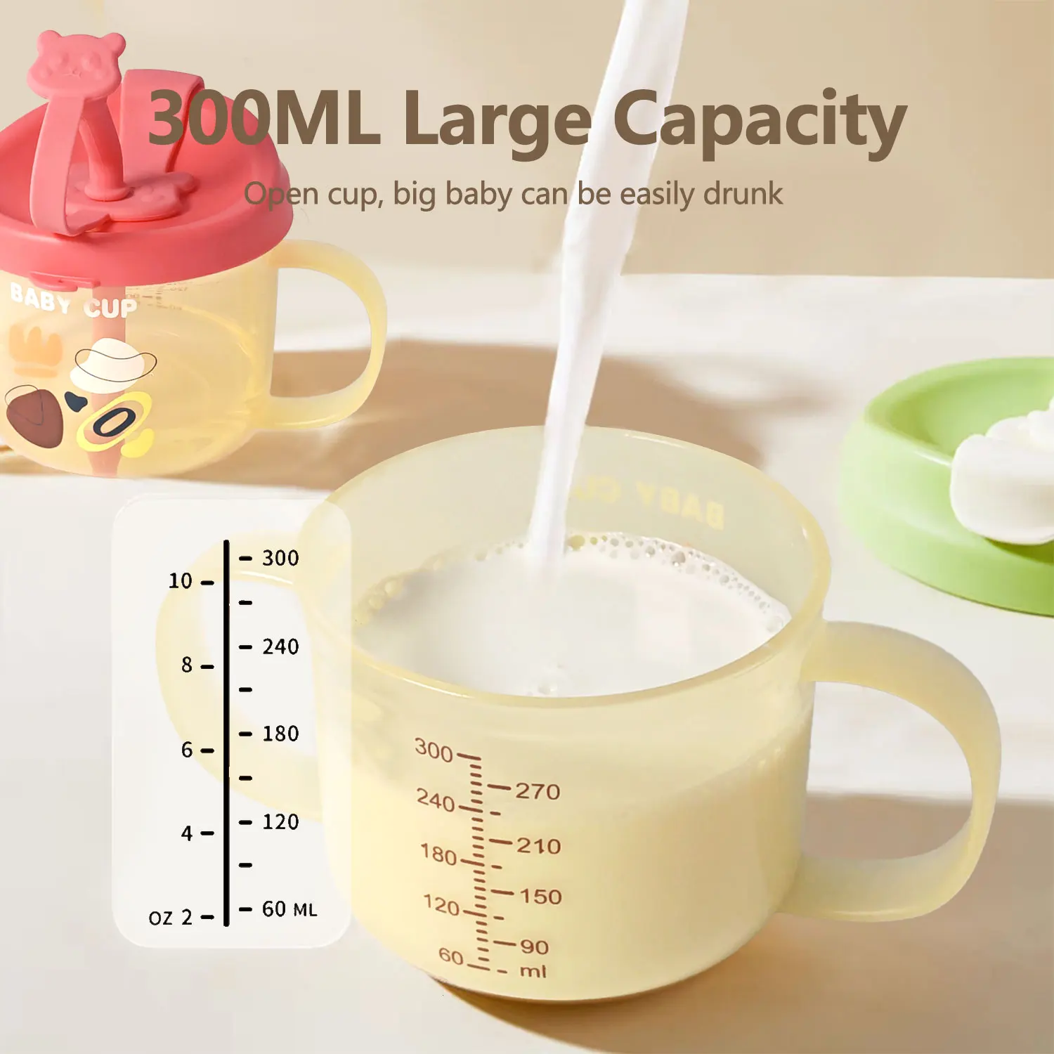 Taza de paja de panda para niños de 300ML, taza de agua, taza de desayuno, accesorios de fotografía, mayores de 6 meses, anticaída, antifugas - imagen 3
