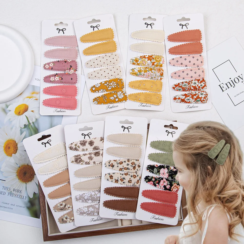 6 unids/set de pinzas para el cabello de tela con estampado de flores para bebé, pasadores BB coreanos bonitos de 6cm a cuadros, horquillas simples para niñas recién nacidas, horquillas para niños - imagen 2