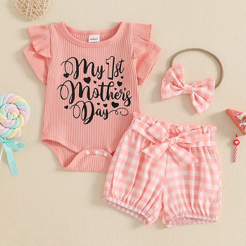 Conjuntos de pantalones cortos de verano para niñas recién nacidas, mameluco con estampado de letras, pantalones cortos con estampado de lazo y diadema - imagen 2