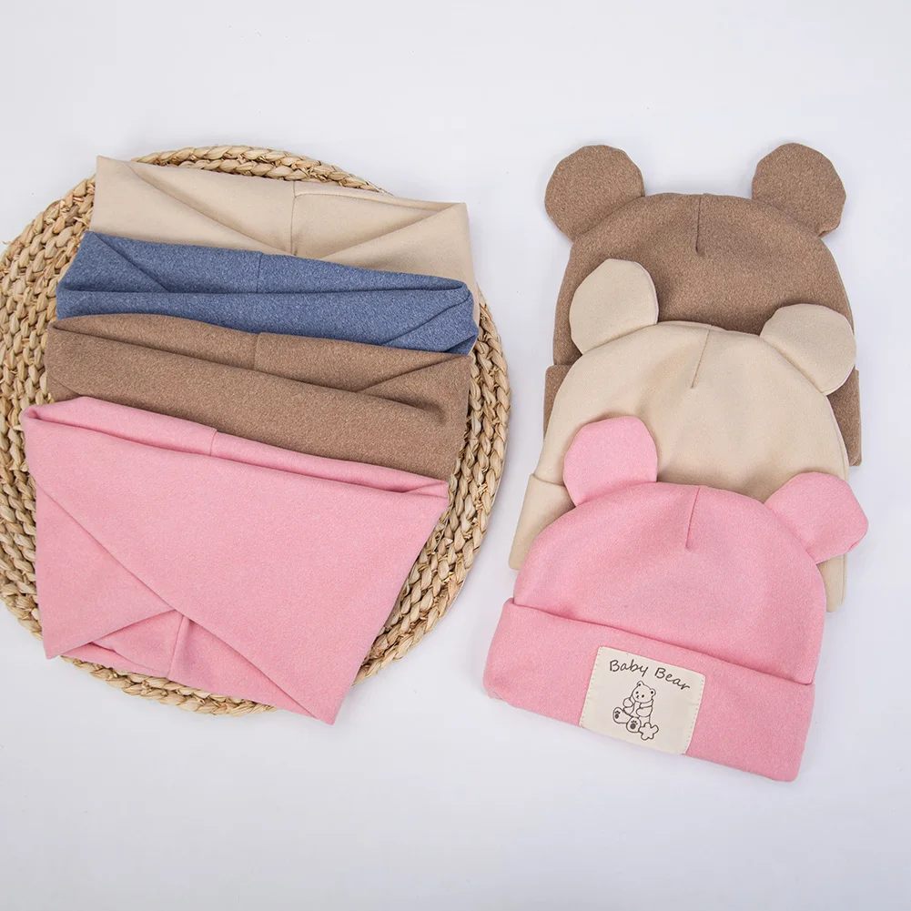 Turbante con orejas de oso para bebé y niña, bufanda, Newboorn, imitación de cachemir, etiqueta, gorras, gorros, gorros cálidos, gorros infantiles, otoño, invierno, 2 unidades por lote - imagen 2