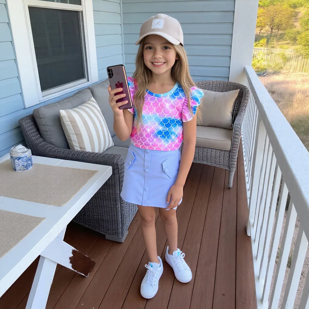 Conjunto de ropa para niñas, chaleco escamas de pescado púrpura bonito informal de verano + falda ceñida azul, disfraz de vacaciones para niños de 3 4 5 6 7 años