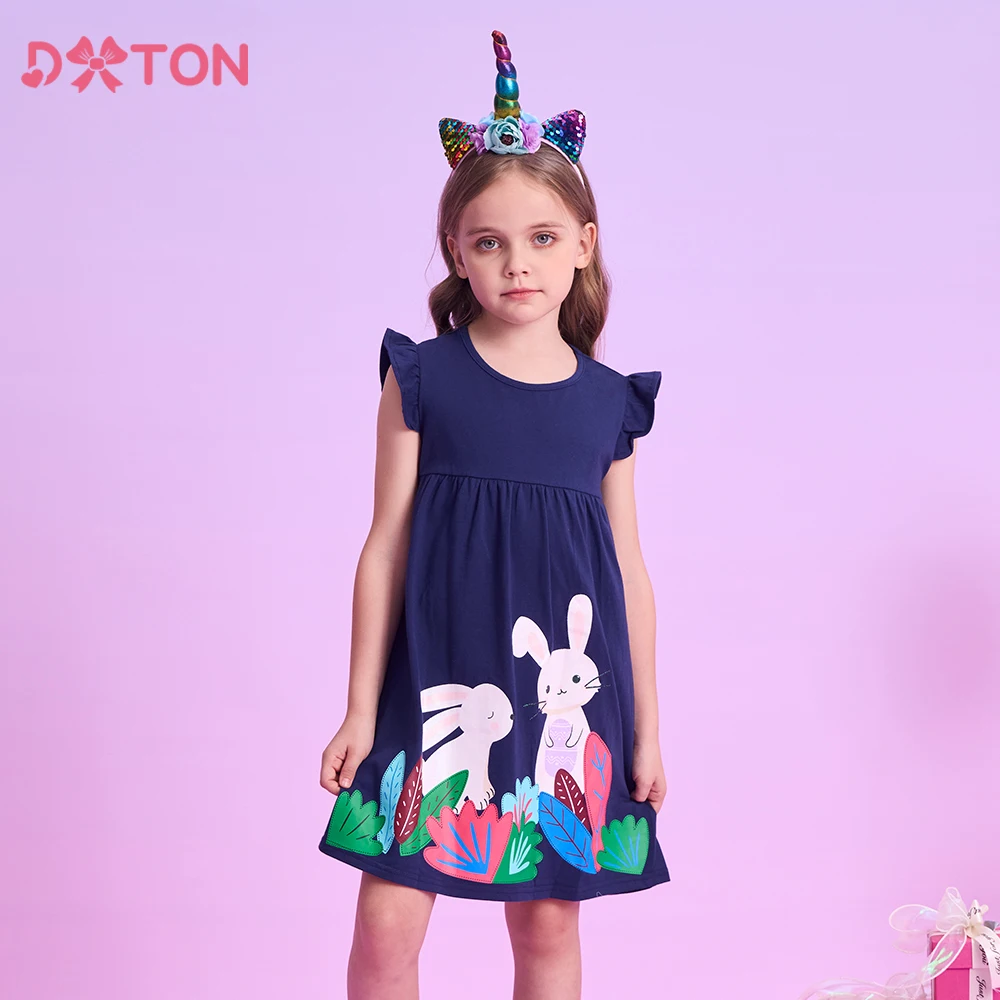 DXTON Vestidos infantiles de algodón con mangas voladoras - conejo