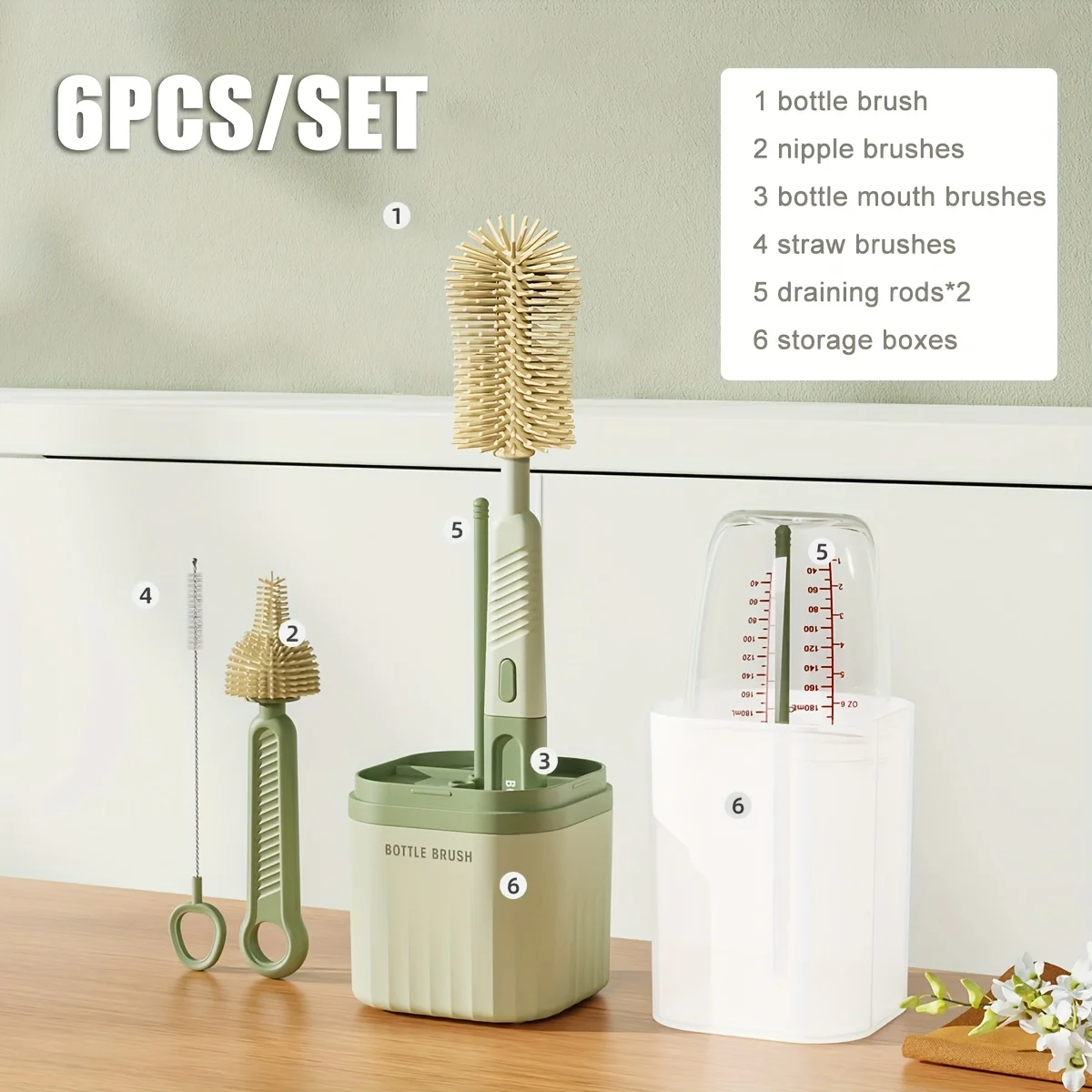 Cepillo para biberones de silicona para bebés 360 °   Estante de secado giratorio, combinación de cepillo para lavar botellas, juego de herramientas de limpieza con mango recto portátil