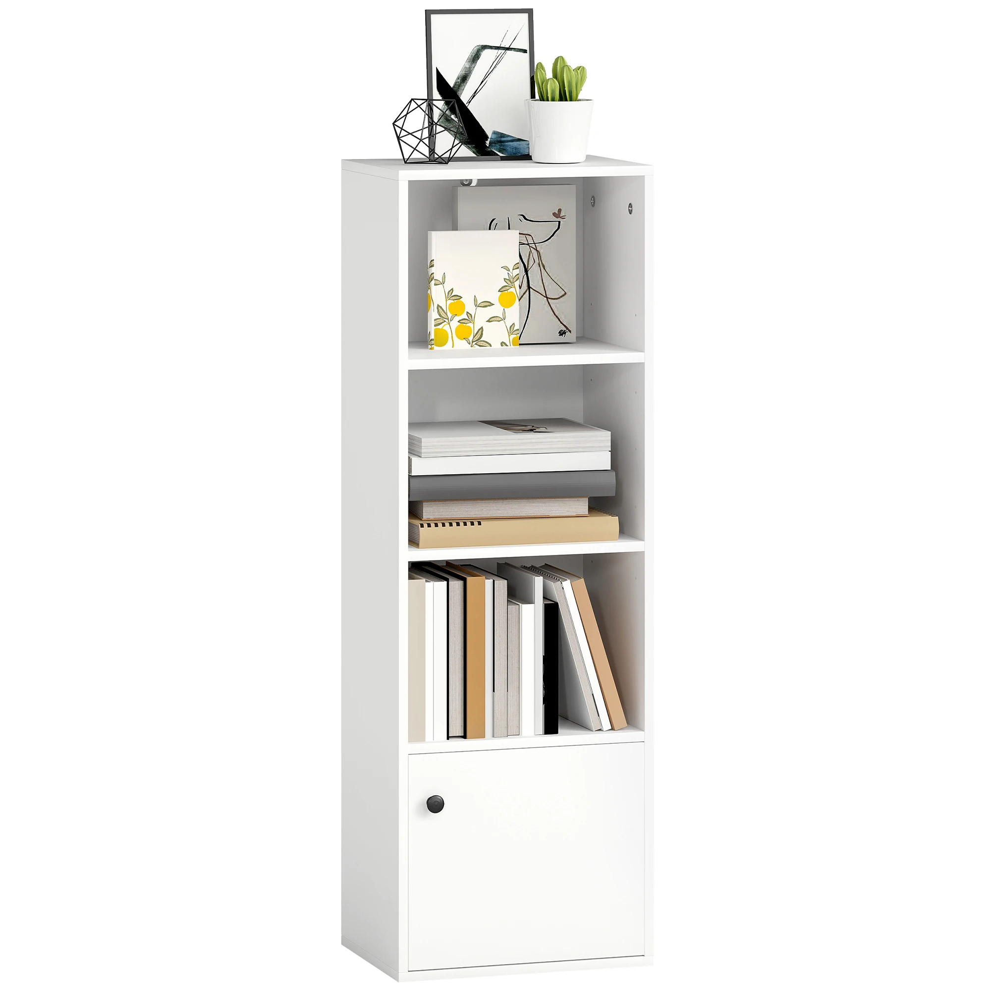 HOMCOM Librería de 4 Niveles, Estantería para Libros con Estantes Ajustables y Puerta, Estantería Moderna, 40x30x120 cm, para Salón, Dormitorio, Estudio, Oficina, Blanco