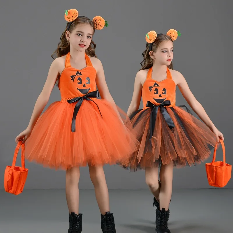 Vestidos de niña de Halloween, nueva moda, vestido sencillo para niña, vestido de fiesta elegante clásico Retro, Cosplay de calabaza, conjuntos animados lindos para niños
