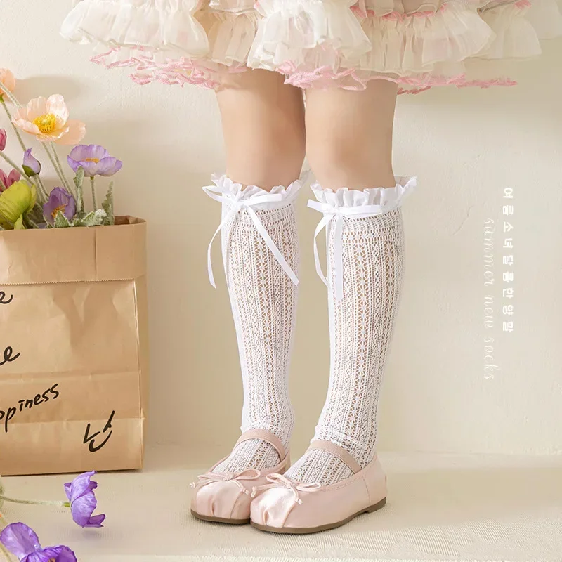 Calcetines finos huecos de verano para niñas, calcetines hasta la pantorrilla con volantes y lazo a la moda para niños, calcetines elásticos de nailon suave para niñas - imagen 4