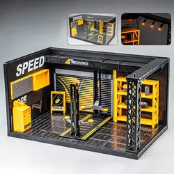 Garaje de coches en miniatura con iluminación y zona de parking