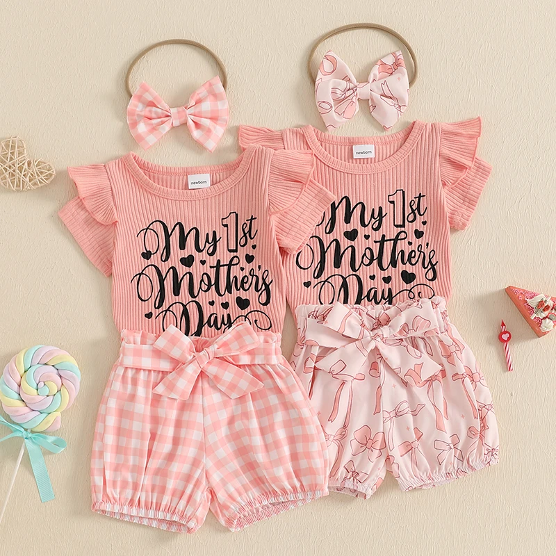 Conjuntos de pantalones cortos de verano para niñas recién nacidas, mameluco con estampado de letras, pantalones cortos con estampado de lazo y diadema