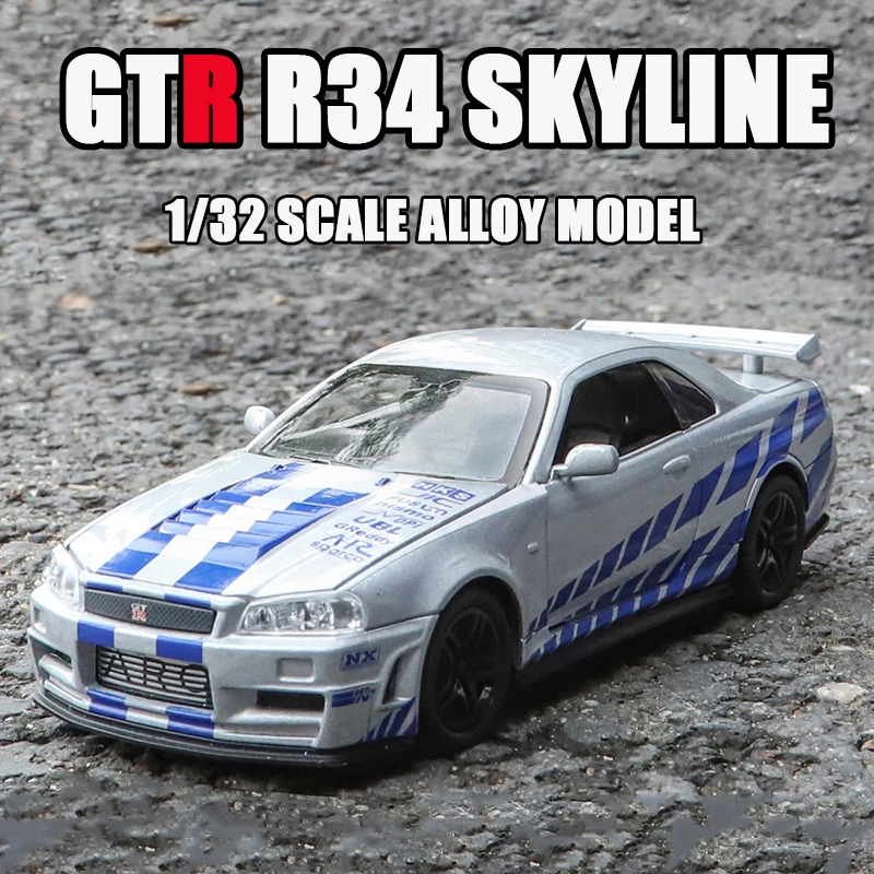 1:32 GTR R34 SKYLINE coche de simulación de aleación rápida modelo fundido a presión y vehículos de juguete y coches furiosos decoración juguetes para niños niño
