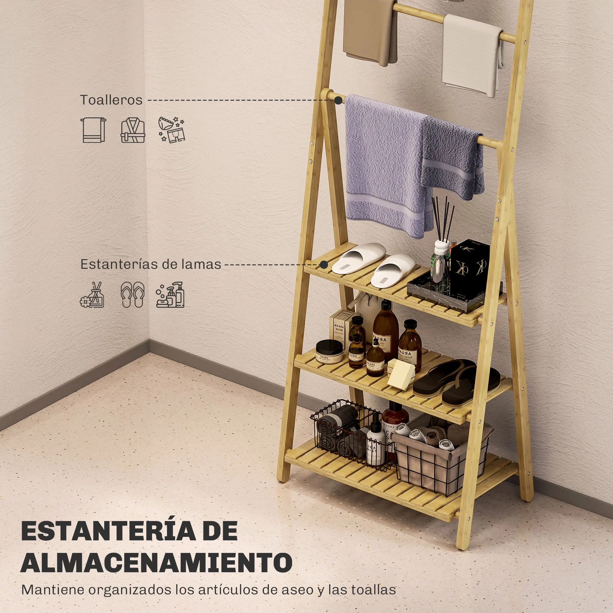 HOMCOM Estantería de Baño de Bambú con 3 Estantes Estantería de Almacenaje Plegable con Barras Estantería de Madera en Forma de A 53,5x30x53 cm Natural - imagen 5