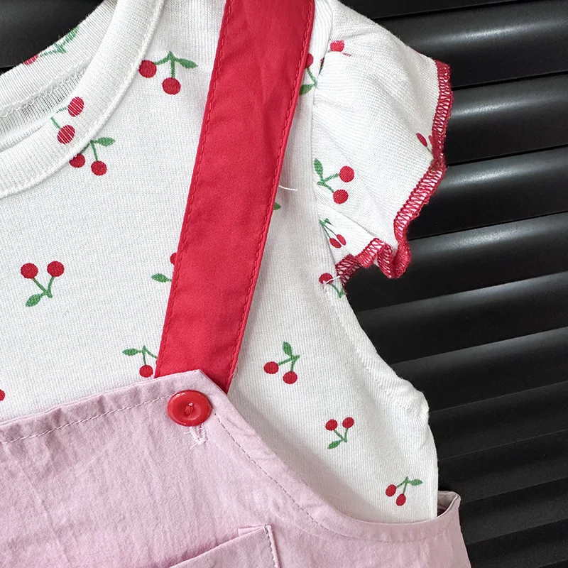 Conjunto de ropa para niñas de 9m -3T, camiseta de cereza con manga acampanada y monos bordados, traje para niñas de 2 uds. - imagen 4