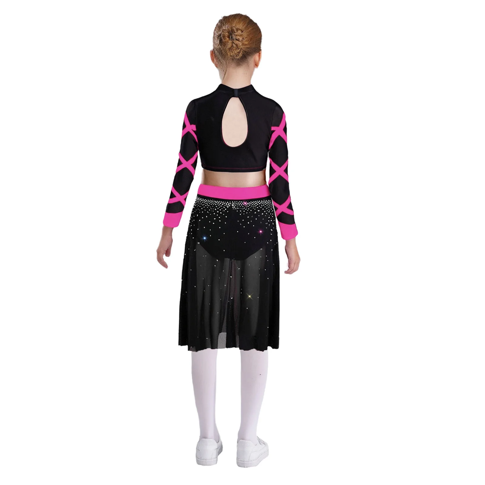 Conjuntos de baile de Ballet para niñas, Ropa de baile contemporánea moderna, trajes de bailarina, Top de manga larga con diamantes de imitación y falda de malla fluida - imagen 5