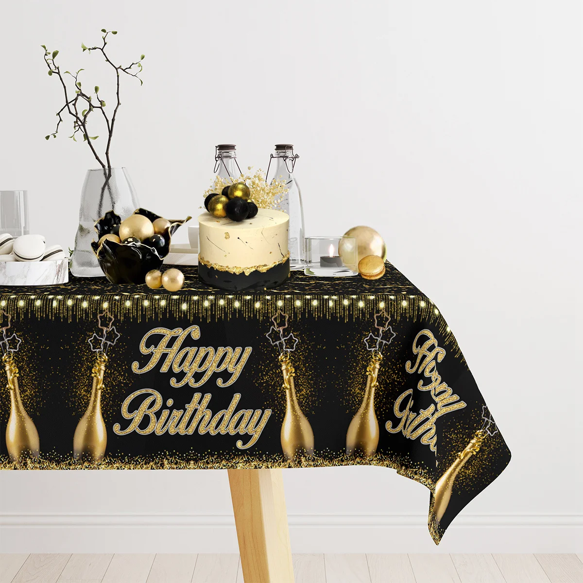 Camino de mesa de cumpleaños de oro negro, mantel de pancarta, decoración de fiesta de Cumpleaños feliz 30, 40, 50, 50 - imagen 3