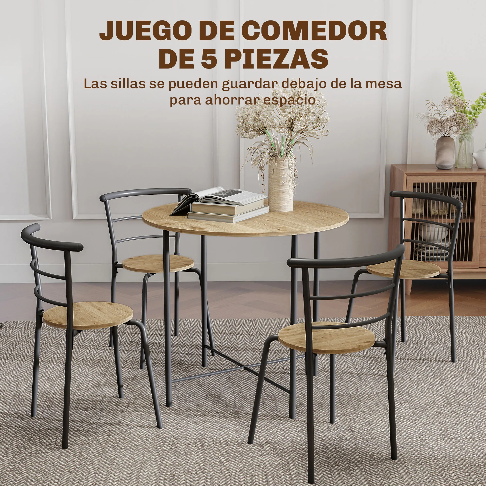 HOMCOM Juego de Mesa y Sillas de Comedor, Mesa de Cocina Redonda con 4 Sillas, Estilo Industrial, Marco Metálico, para Espacios Pequeños, Salón, Natural - imagen 4