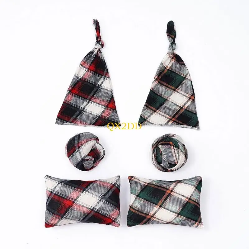 QX2D Accesorios fotografía para bebés recién nacidos, disfraz para niño y niña, sombrero y almohada a cuadros - imagen 4