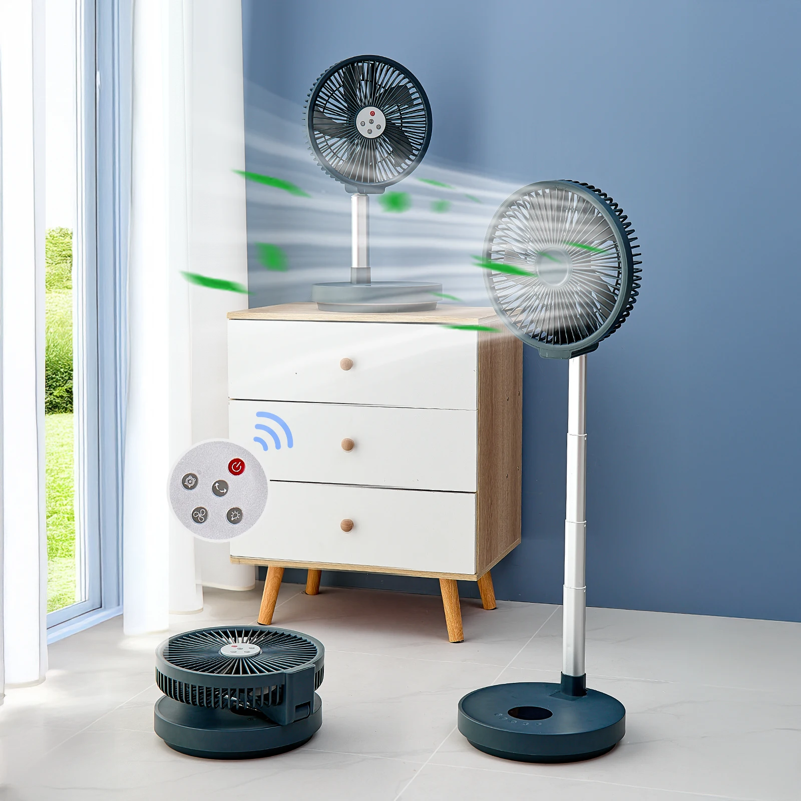Ventilador de pie portátil con mando a distancia, ventilador de escritorio plegable, aspa de ventilador de 10 pulgadas, ventilador de Pedestal recargable para acampar
