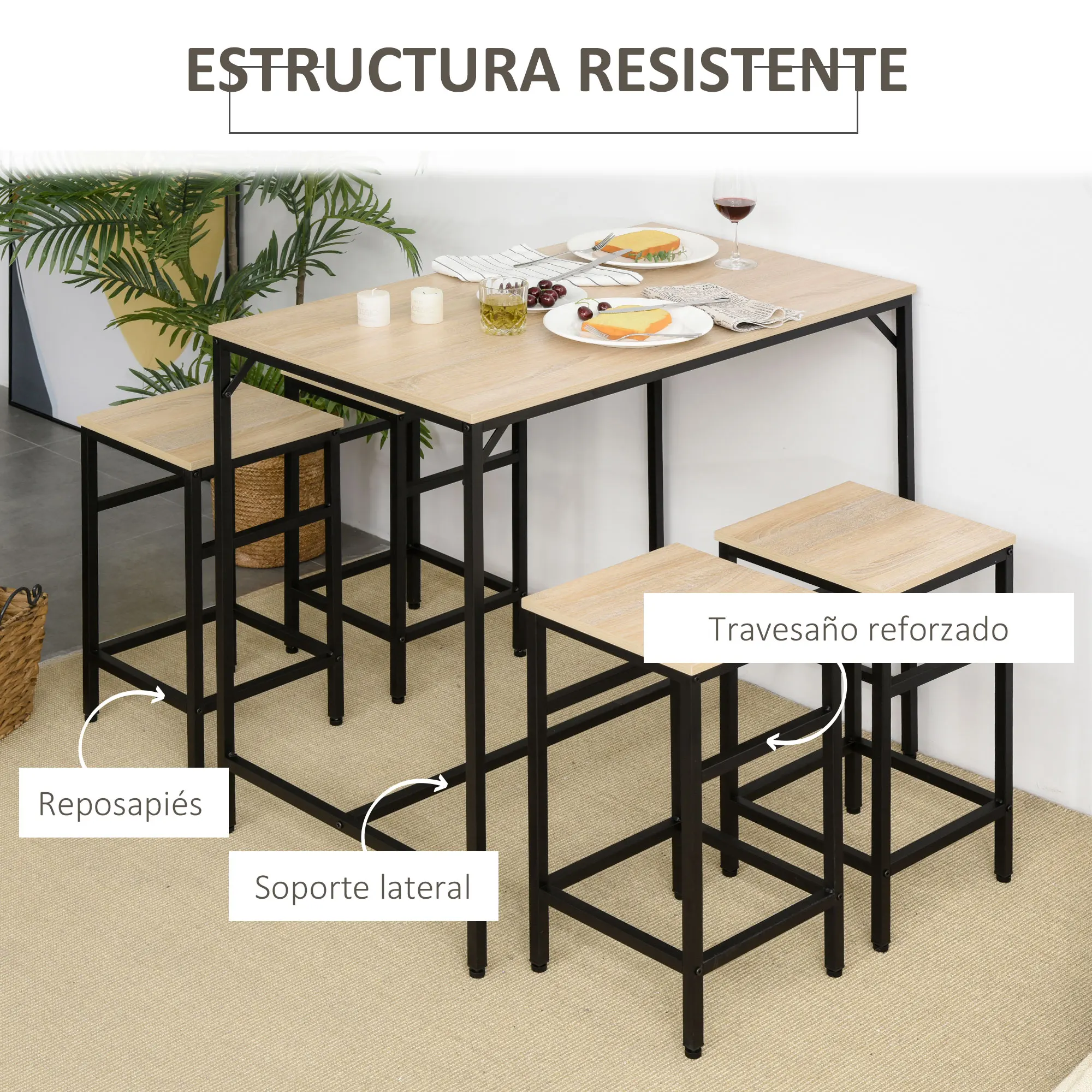 HOMCOM Set de Mesa de Bar y 4 Taburetes 5 Piezas con Reposapiés Juego de Muebles Altas con Mesa de 100x60x88 cm y Taburetes de 32x32x57 cm para Comedor Cocina Negro y Roble - imagen 5