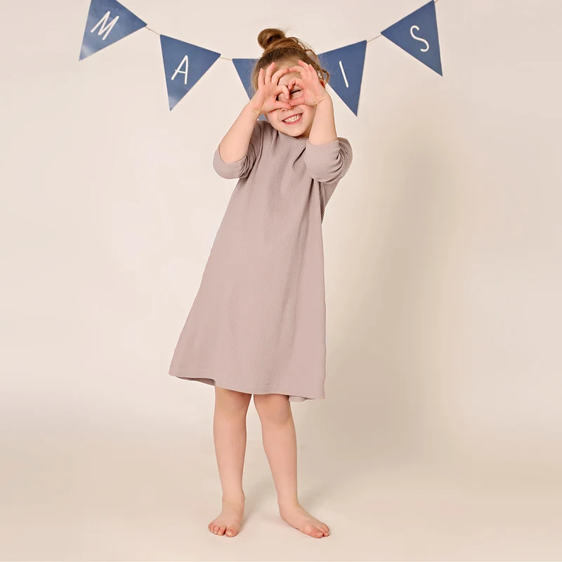 Vestido largo de varias estaciones para niñas, vestidos con cuello en v, conjunto de pijamas familiares de manga larga, ropa para niños, material acanalado de punto - imagen 2