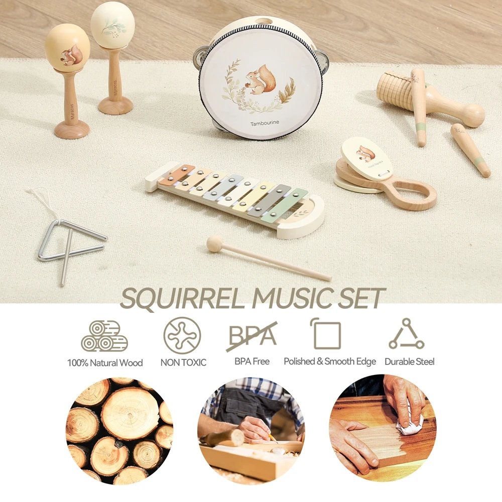 Juguetes musicales para bebés, juegos de instrumentos musicales de madera Montessori para niños, ardilla, Maracas, tambor, xilófono, Sensor de educación temprana, juego de juguetes - imagen 2