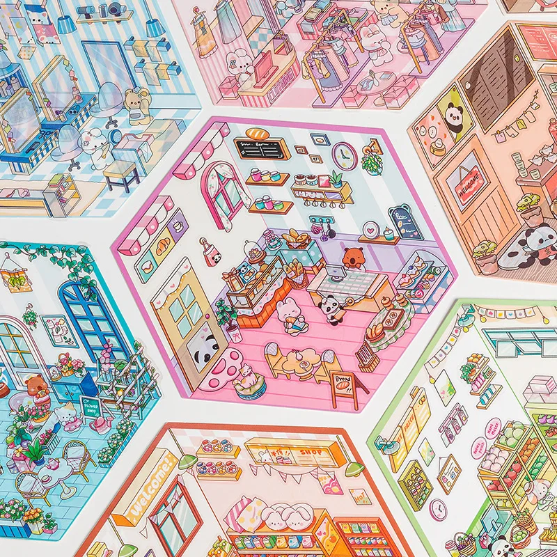 Pegatinas de cuentas de mano con paisaje de cuento de hadas de dibujos animados, paisaje en miniatura, juego de pegatinas de casa 3D coloridas para papelería - imagen 3