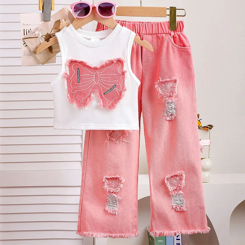 Conjuntos de 2 piezas de disfraz de verano, ropa para niño niña, Tops sin mangas de mariposa a la moda para bebé + pantalones con agujeros, ropa de Boutique para niños B276